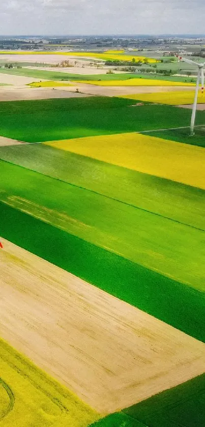 Aerial view of vibrant fields with wind turbine.