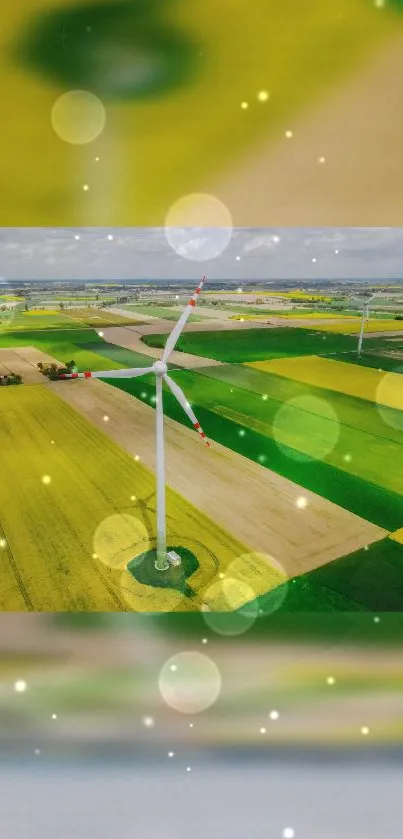 Aerial view of a windmill in lush green fields with sparkling effects.