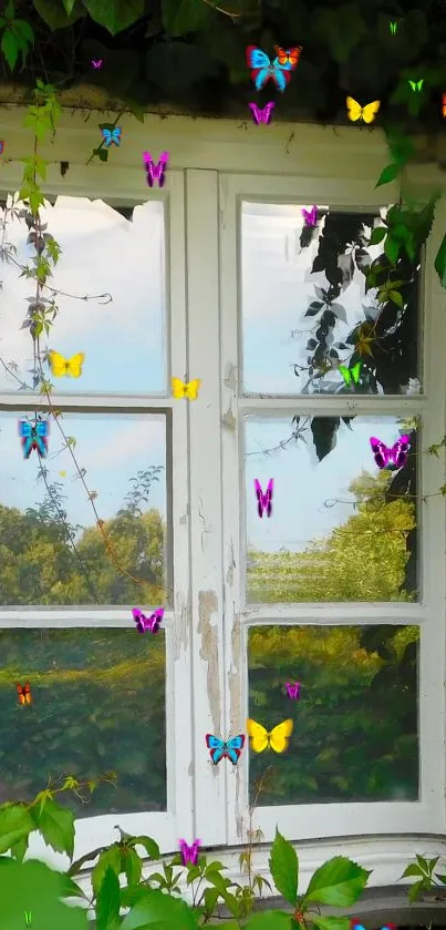 Rustic window surrounded by butterflies and green plants.