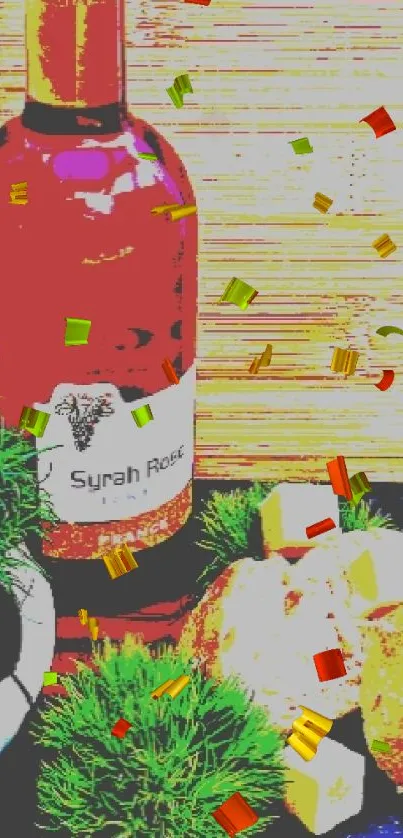 Vibrant wine and cheese setup with a soccer theme on a mobile wallpaper.