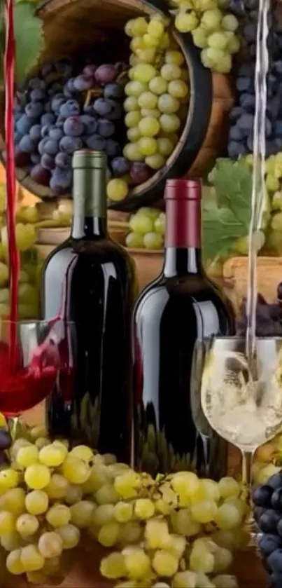 Wine bottles and glasses surrounded by grapes