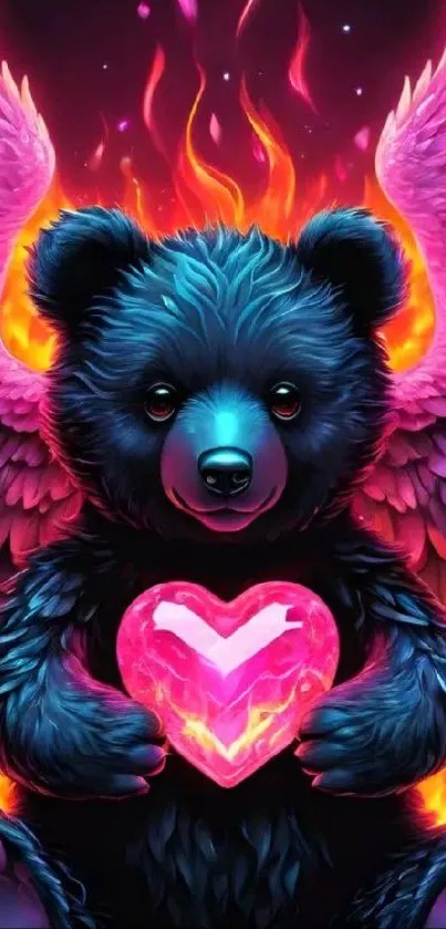 Vibrant bear with wings holding a heart in colorful digital art.