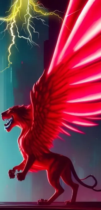 Fantastical wallpaper with winged beast and neon colors.