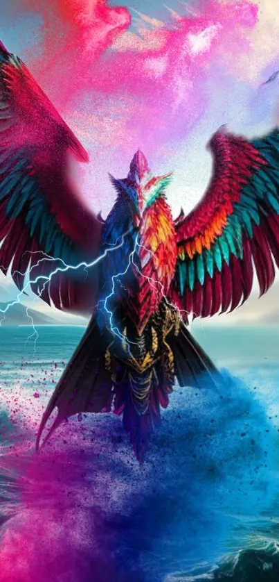 A vibrant fantasy creature with colorful wings and electric effects.