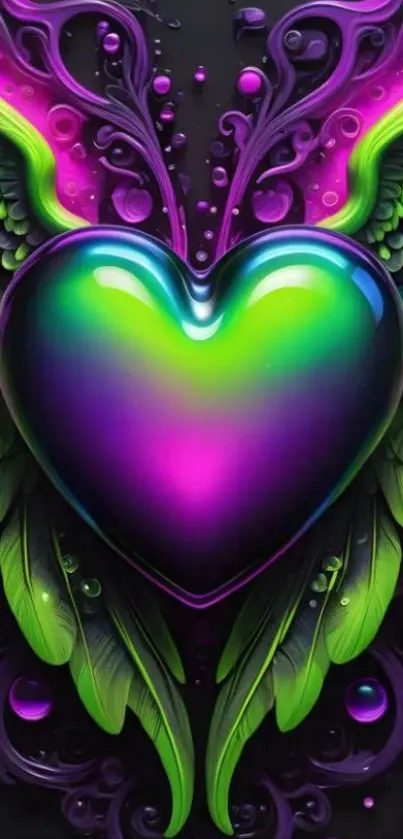 Vibrant winged heart with neon colors.
