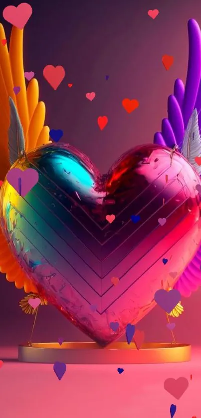 A vibrant 3D heart with colorful wings against a purple background.