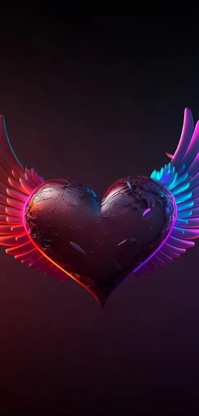 Colorful winged heart on dark background.