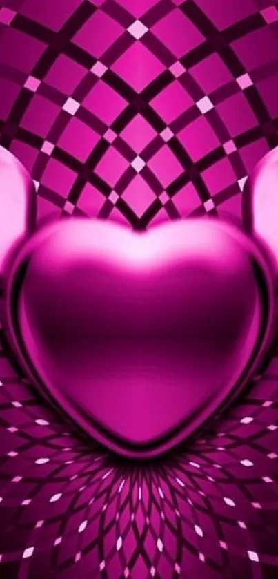 Vibrant pink winged heart with geometric pattern background.