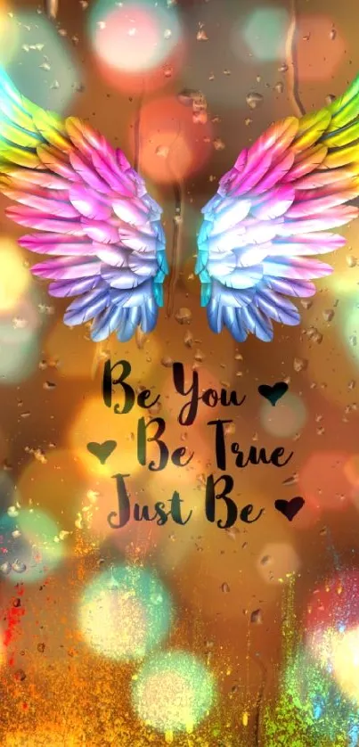 Inspirational wallpaper with colorful wings and motivational text.