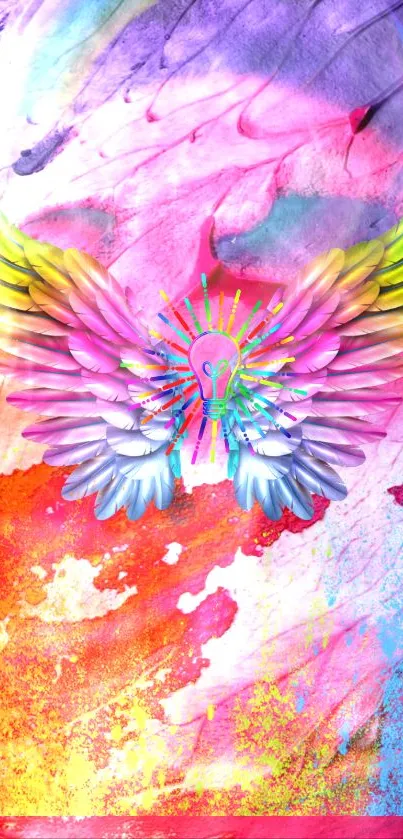 Vibrant winged lightbulb on colorful abstract background.