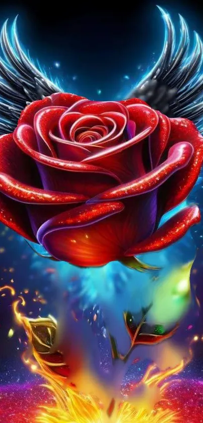 Colorful winged rose on vibrant background.