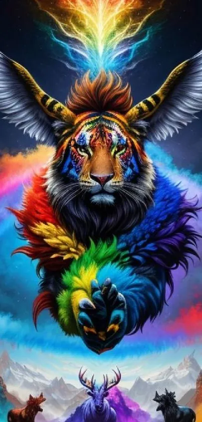 Colorful fantasy artwork of a winged tiger with cosmic elements.