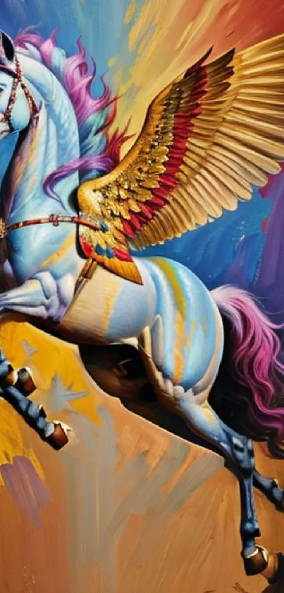 Vibrant artistic wallpaper of a winged unicorn with colorful, dynamic background.