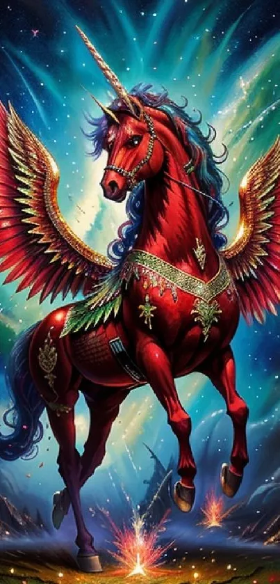 Vibrant red unicorn with wings in space art design.