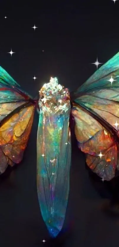 Crystal wings with vibrant colors on a dark background.