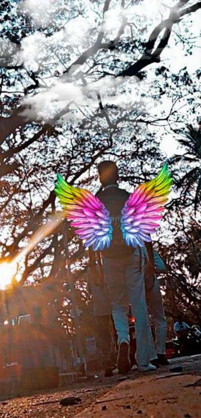 Mobile wallpaper with colorful wings on a street scene.