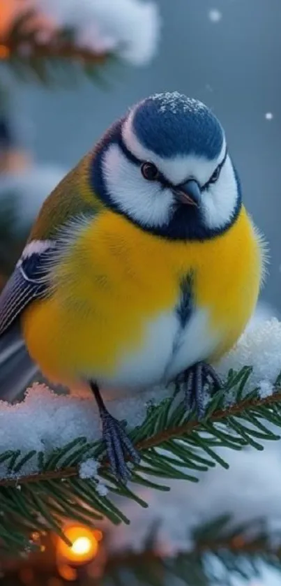 Colorful winter bird perched on snowy pine branch with lights.