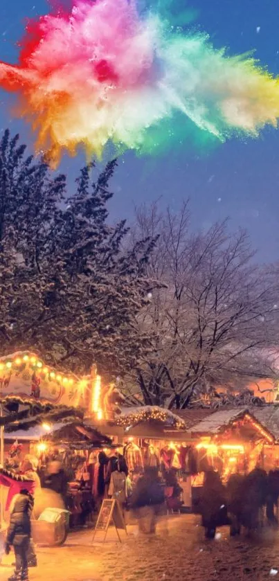 Colorful winter festival market scene with vibrant smoke in the evening.