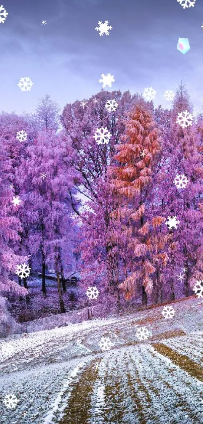 Vibrant winter forest with purple trees under a serene sky.