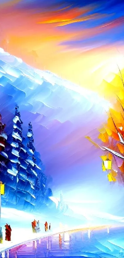 Vibrant abstract winter landscape with snowy trees and colorful lights.