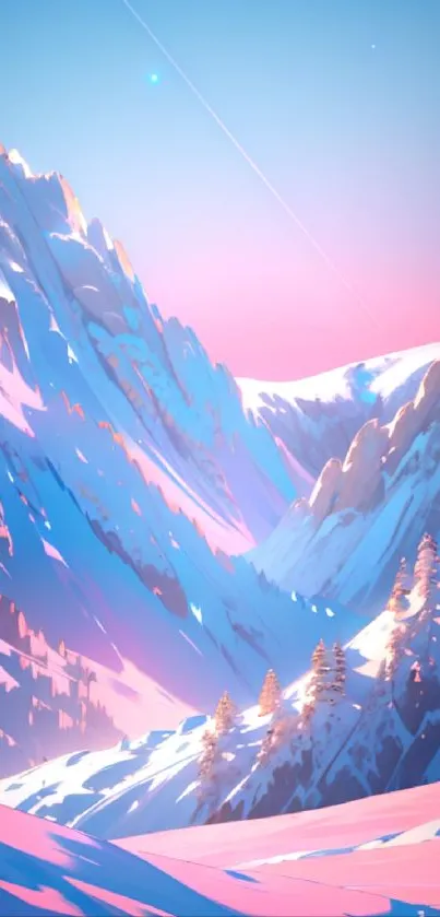 Vibrant blue and pink winter mountain landscape art.