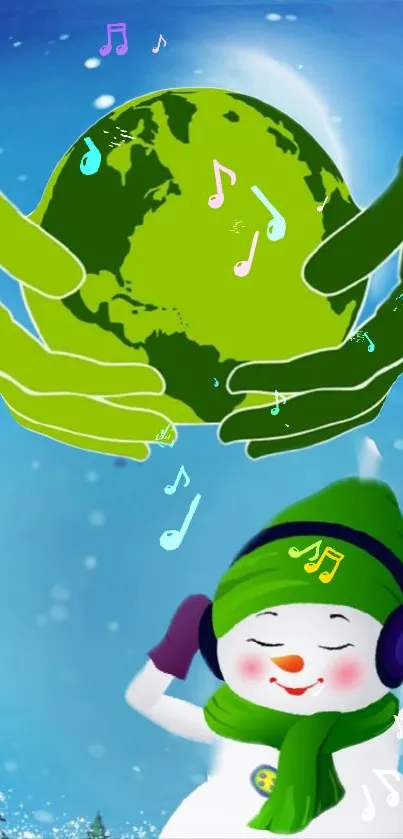 Cheerful snowman with musical notes and green earth on a blue background.