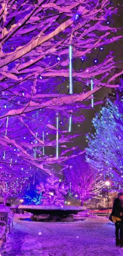 Vibrant winter night scene with neon-lit trees and a couple embracing in snow.