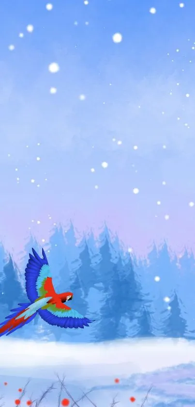 Colorful parrot flying over snowy forest in a winter scene wallpaper.