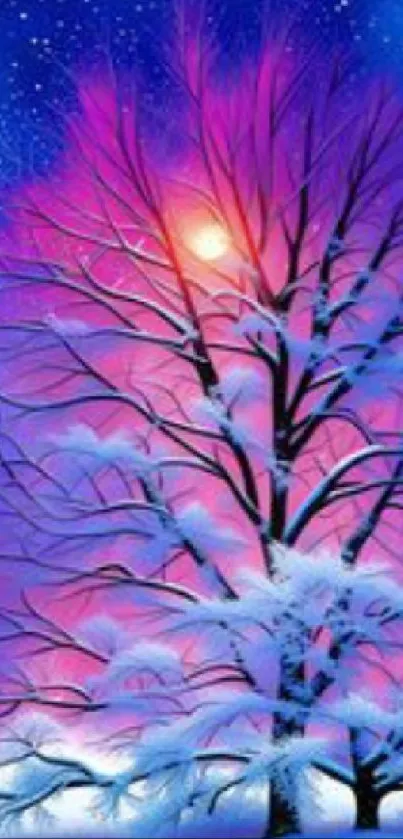 Vibrant tree against a colorful, starry winter sky.