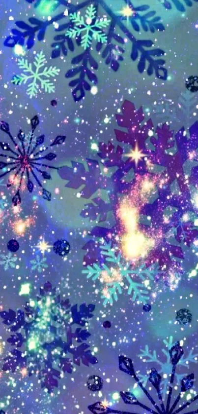 Vibrant snowflake mobile wallpaper with blue and purple hues.