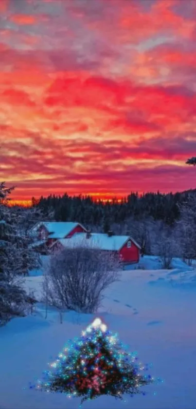 Vibrant sunset over snowy landscape with a festive Christmas tree.