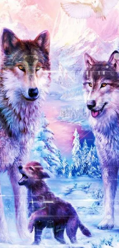 Vibrant winter landscape with a wolf family in a snowy forest.