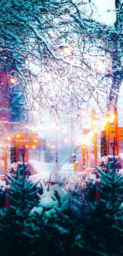 Snowy winter landscape with glowing lights and vibrant colors.