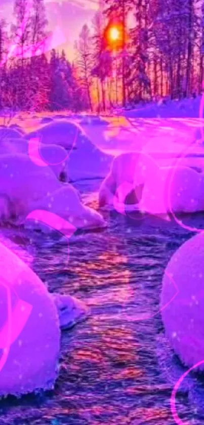 Vibrant winter landscape with pink hues and snow-covered stream.