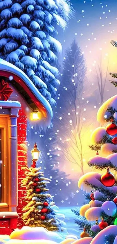Colorful winter scene with snow-covered cabin and Christmas tree.