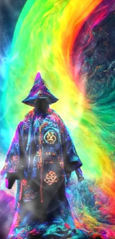 Vibrant mobile wallpaper of wizard in rainbow explosion.