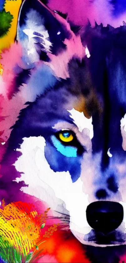 Colorful abstract wolf illustration with vibrant hues.