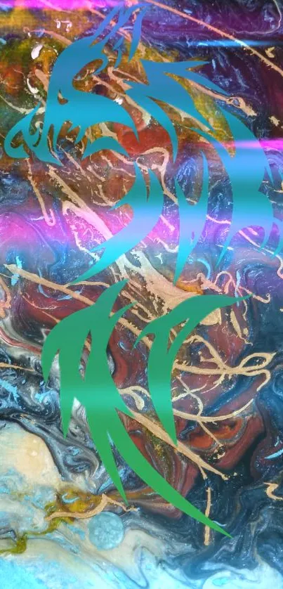 Abstract wolf design with vibrant colors and teal accents.