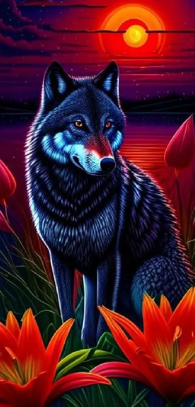 Wolf among vibrant flowers at sunset with rich colors.