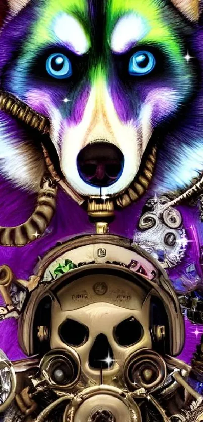 Vibrant wolf and steampunk gear mobile wallpaper.