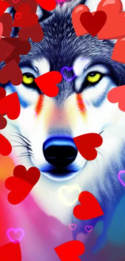 Colorful wolf surrounded by red hearts in vibrant wallpaper design.