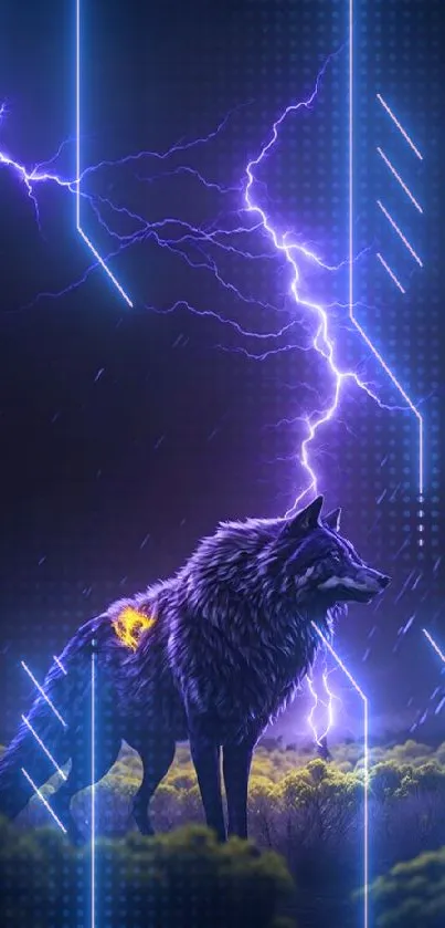 Majestic wolf under purple lightning in fantasy wallpaper.