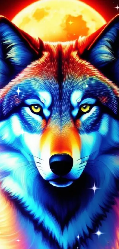 Colorful wolf with glowing moon background, vibrant digital art.