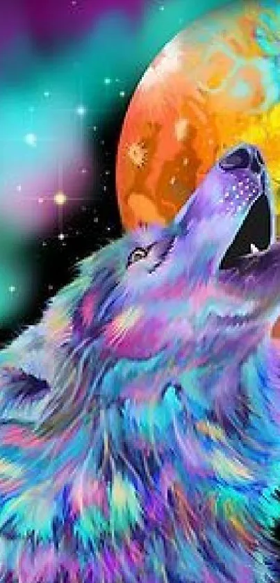 Vibrant neon wolf howling at a colorful moon.