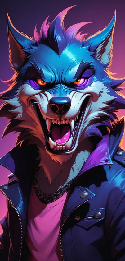 Vibrant blue wolf in leather jacket art.