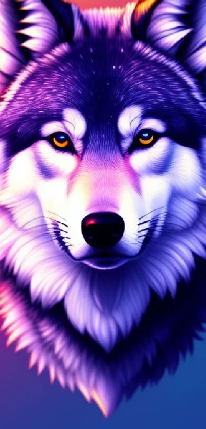 Vibrant wolf head illustration with purple and blue hues for mobile wallpaper.