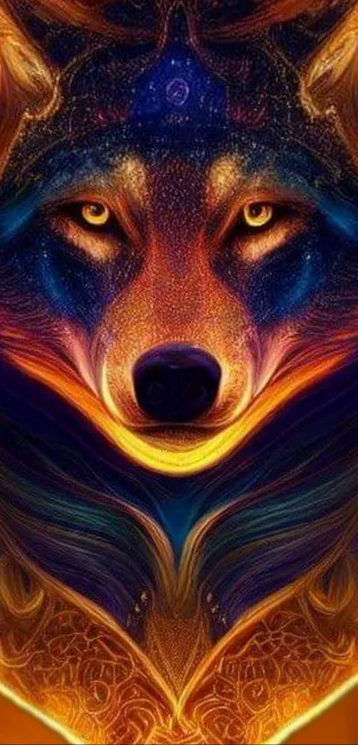 Abstract wolf art with vibrant fiery colors.