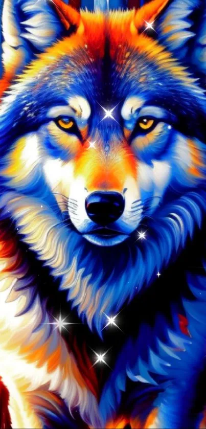 Vibrant wolf art wallpaper with striking blue and orange hues.