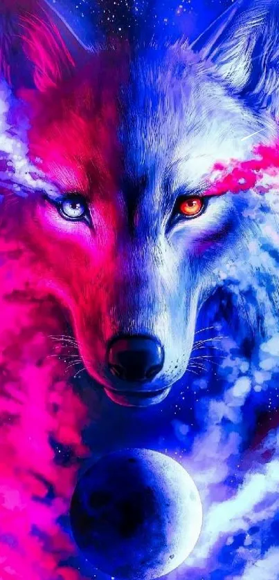 Vibrant cosmic wolf artwork with neon colors and moon.