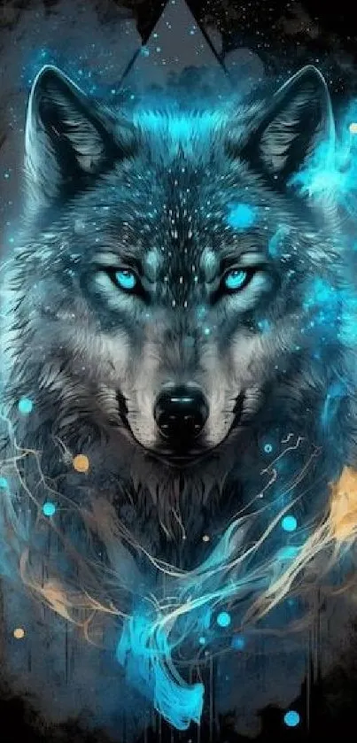 Mystical blue-glowing wolf art wallpaper for mobile phone background.